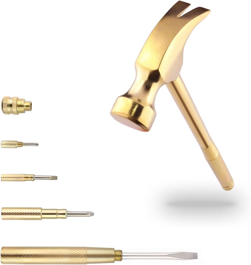 Kinobo Multifunction Hammer 6 in 1 with Slotted/Flat Head Phillips Screwdriver Claw Hammer Manual, Portable Metal Mini Tool Hammer (Gold) - Image 1